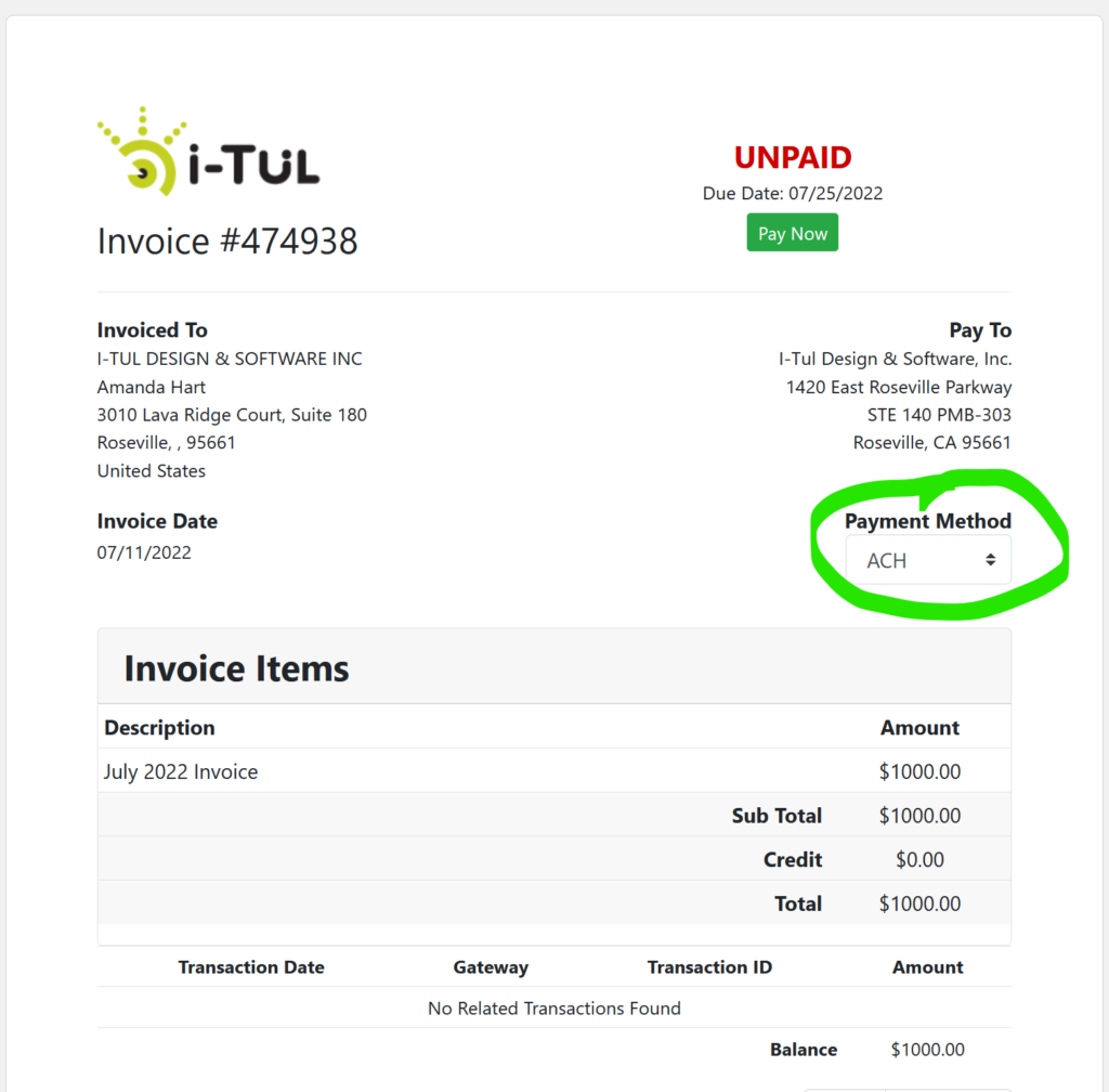 ACH option on invoice